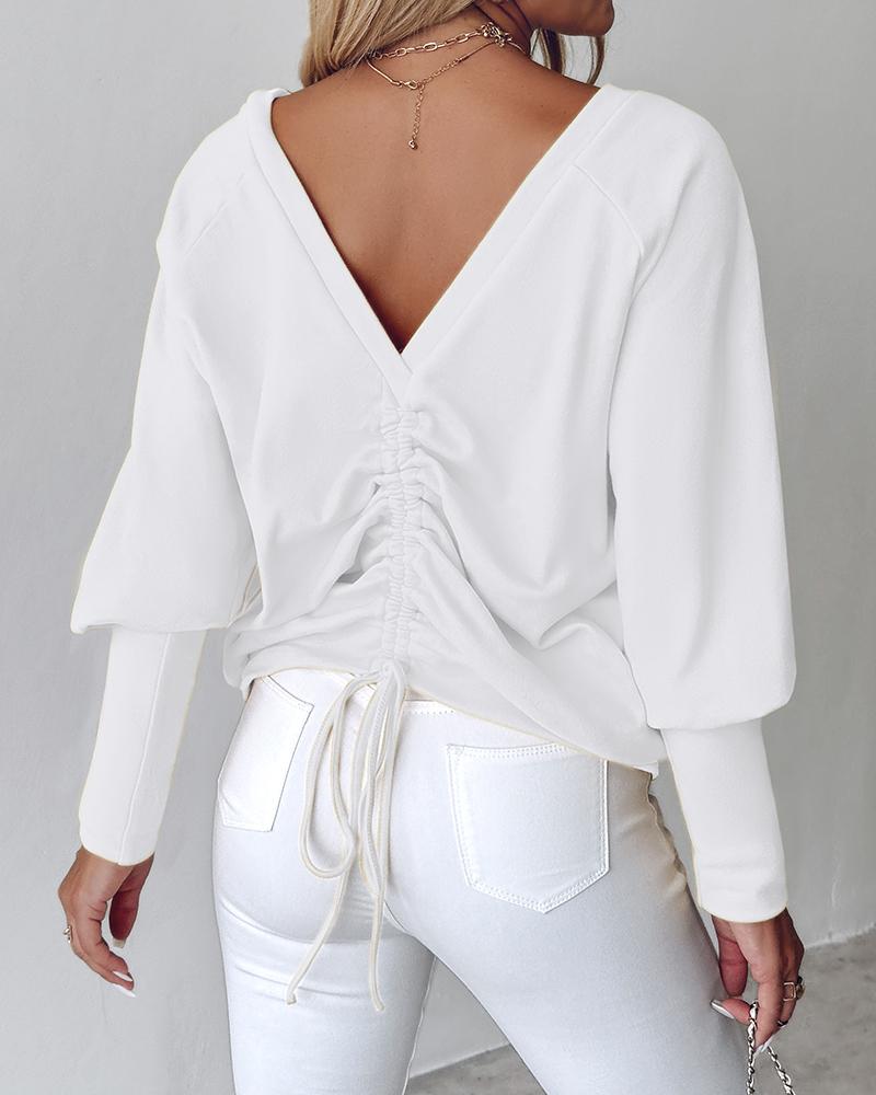 V Neck Gigot Sleeve Back Drawstring Top