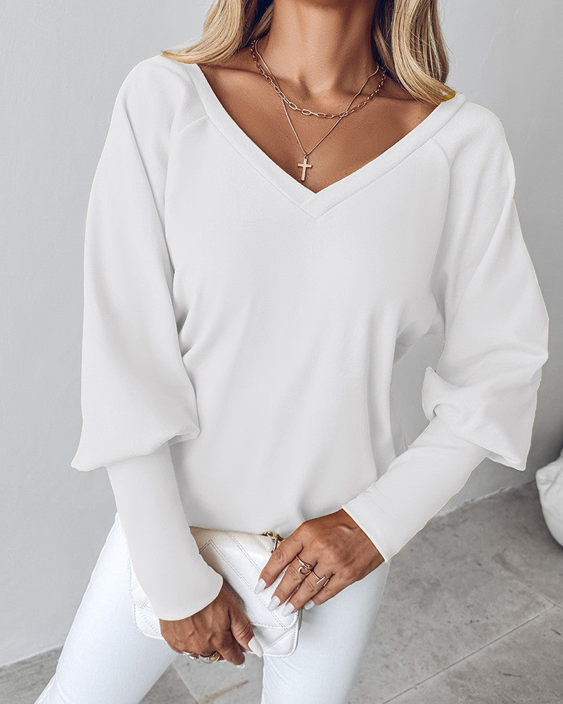 V Neck Gigot Sleeve Back Drawstring Top