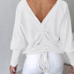 V Neck Gigot Sleeve Back Drawstring Top