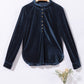 Navy Blue Frilled Neck Buttoned Front Velvet Top