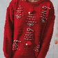 Racing Red Rhinestone Bow Pearl Decor Christmas Tree Round Neck Sweater