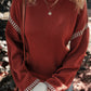 Red Dahlia Color Contrast Trim Drop Shoulder Crew Neck Sweater