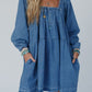 Dusk Blue Square Neck Side Pockets Loose Fit Denim Mini Dress