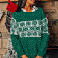 Green Christmas Snowflake Dotted Print Round Neck Sweater