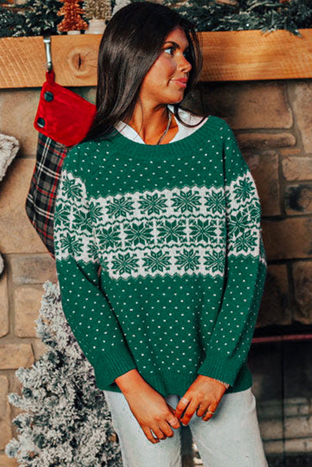 Green Christmas Snowflake Dotted Print Round Neck Sweater