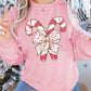 Pink Christmas Bow Candy Cane Graphic Drop Shoulder Crew Neck Sweatshirt