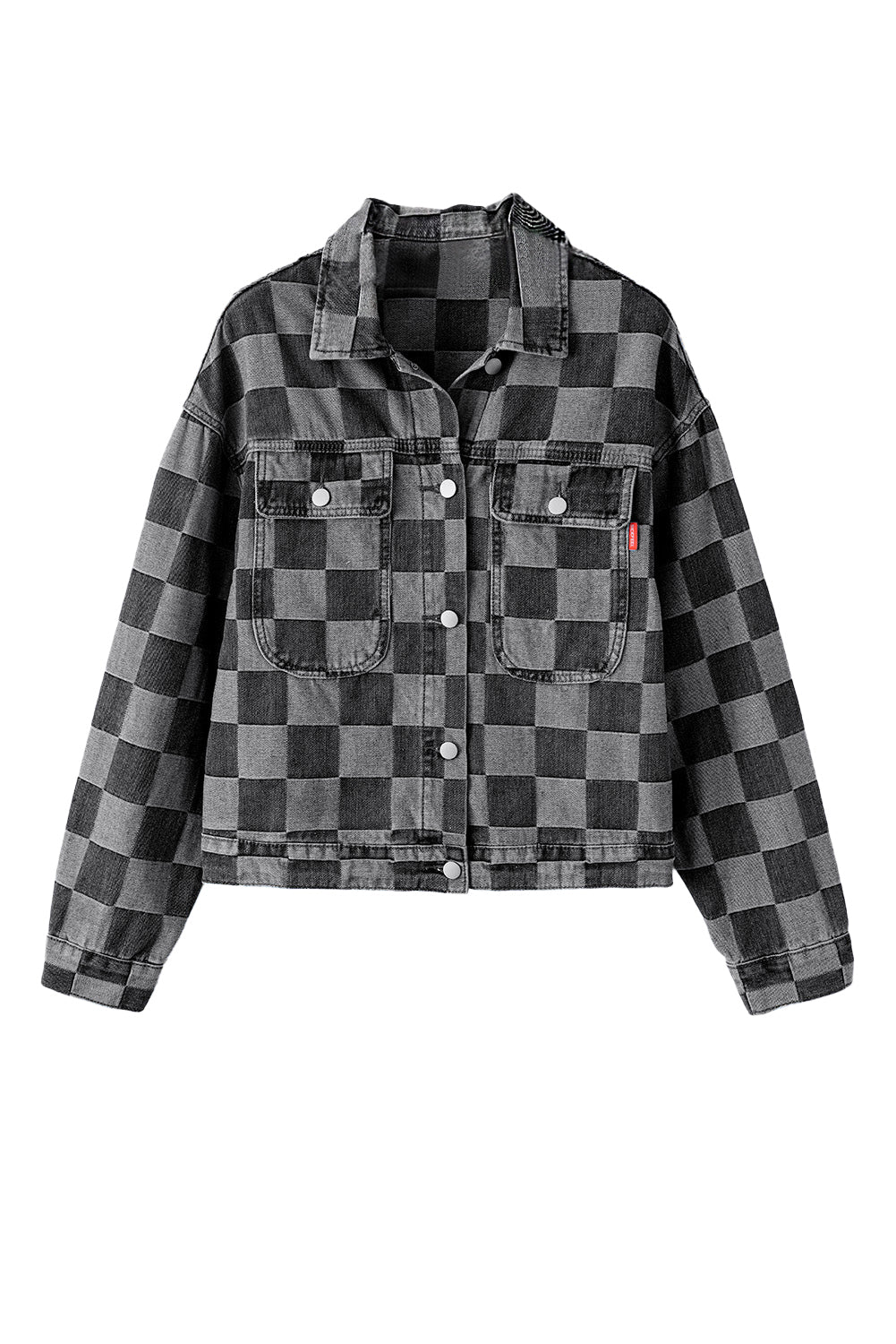 Black Checkered Patchwork Button up Denim Jacket