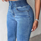 Back Shirred Button Front High Waist Jeans