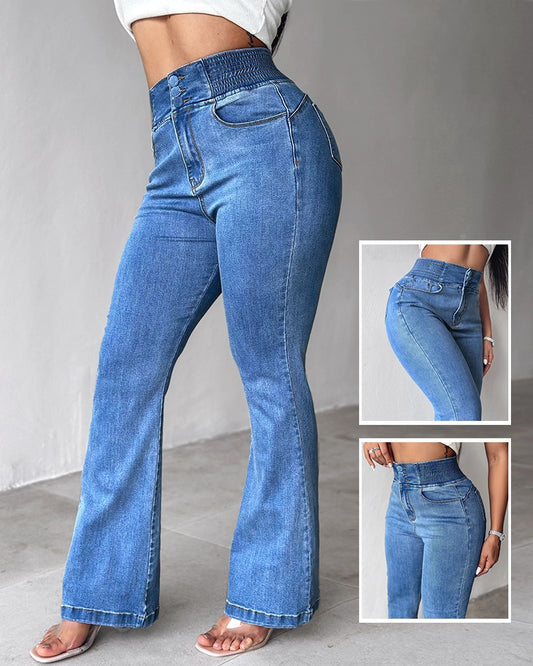 Back Shirred Button Front High Waist Jeans