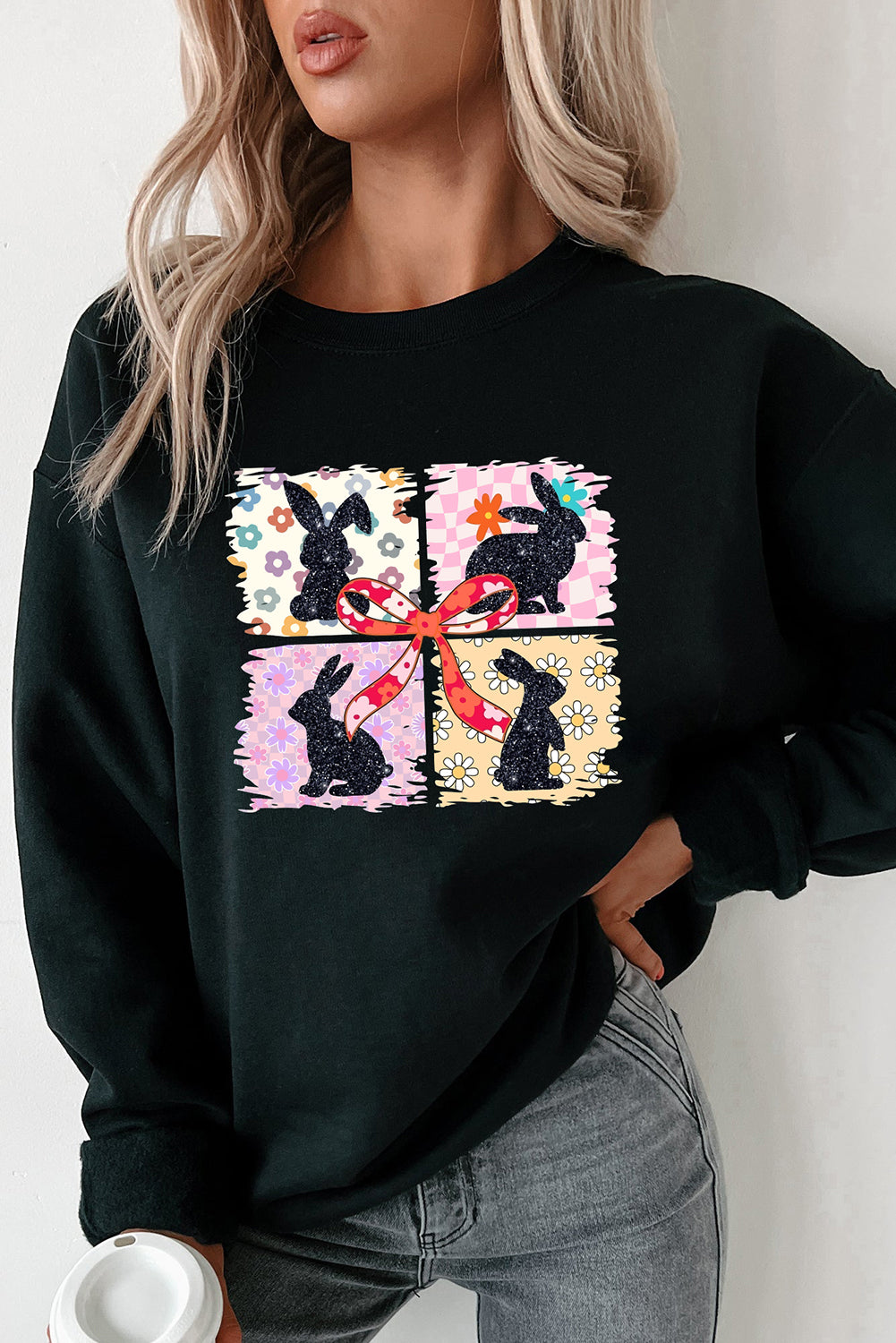 Black Floral Bunny Plaid Bow Graphic Easter Fashion Sweatshirt