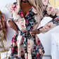 Colorblock Leopard Print Turn down Collar Rompers Long Sleeve Tied Detail Jumpsuits