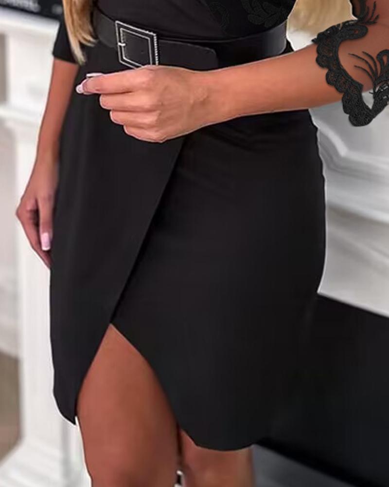 Lace Patch V Neck Wrap Work Dress