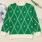 Dark Green Diamond Pattern Pom Accents Contrast Trim High Neck Sweater