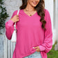 Bright Pink Waffle V Neck Long Sleeve Drop Shoulder Loose Blouse