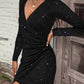 V Neck Long Sleeve Mini Wrap Bodycon Dress Glitter Ruched Cocktail Party Dresses