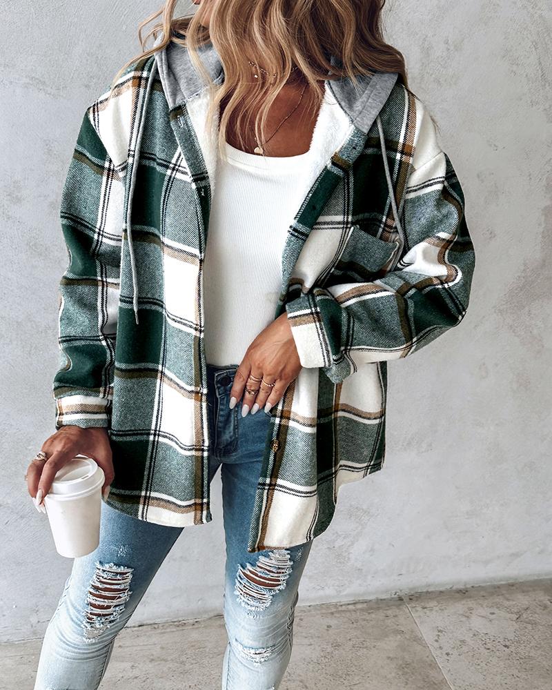 Plaid Print Buttoned Hooded Shacket