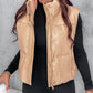 PU Leather Zip Up Pocket Design Hooded Vest Puffer Coat