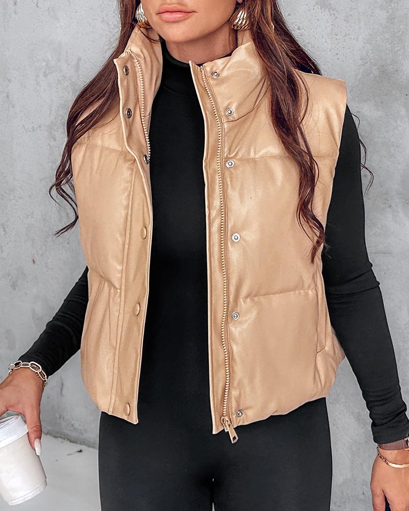 PU Leather Zip Up Pocket Design Hooded Vest Puffer Coat