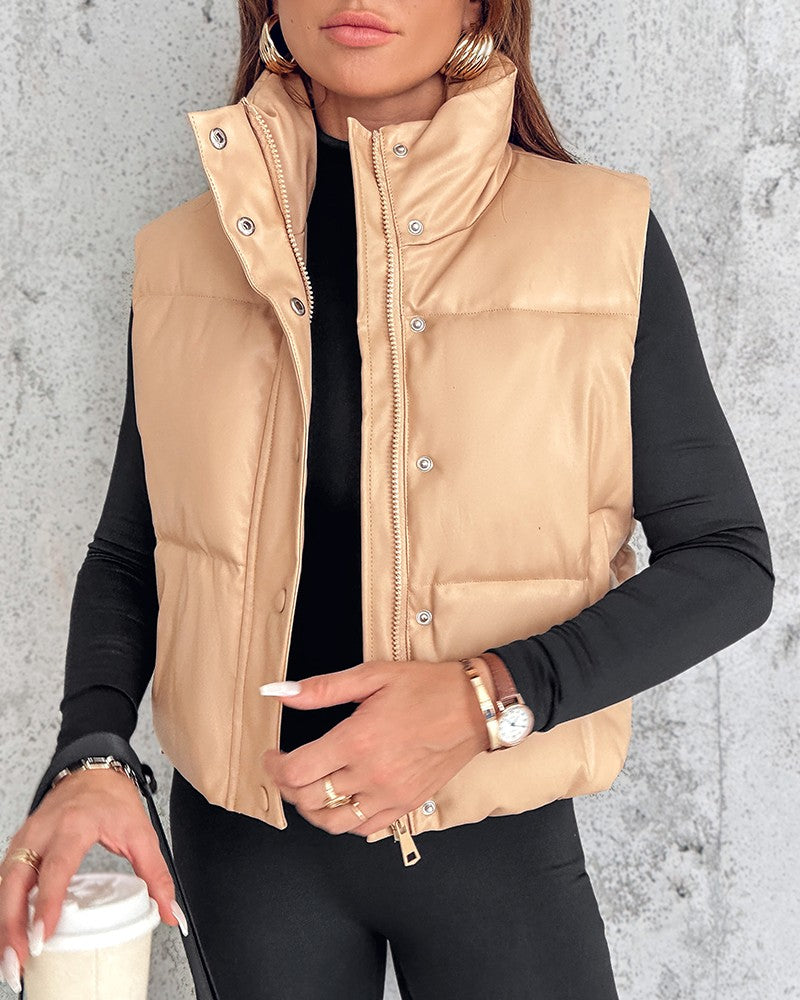 PU Leather Zip Up Pocket Design Hooded Vest Puffer Coat