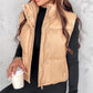 PU Leather Zip Up Pocket Design Hooded Vest Puffer Coat