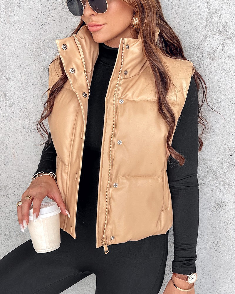 PU Leather Zip Up Pocket Design Hooded Vest Puffer Coat