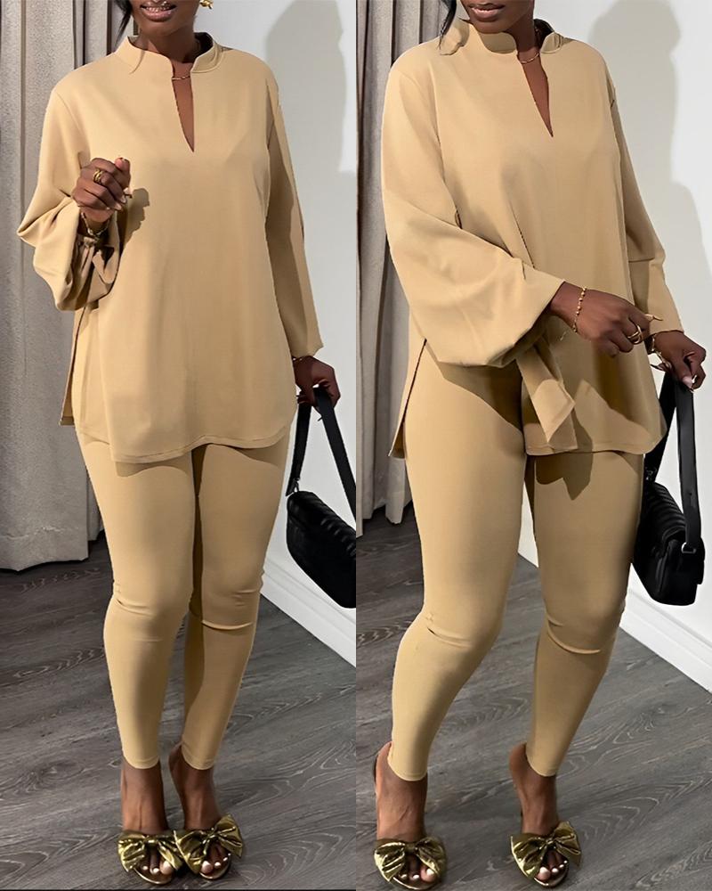 Lantern Sleeve Side Slit Top & Skinny Pants Set