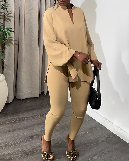 Lantern Sleeve Side Slit Top & Skinny Pants Set