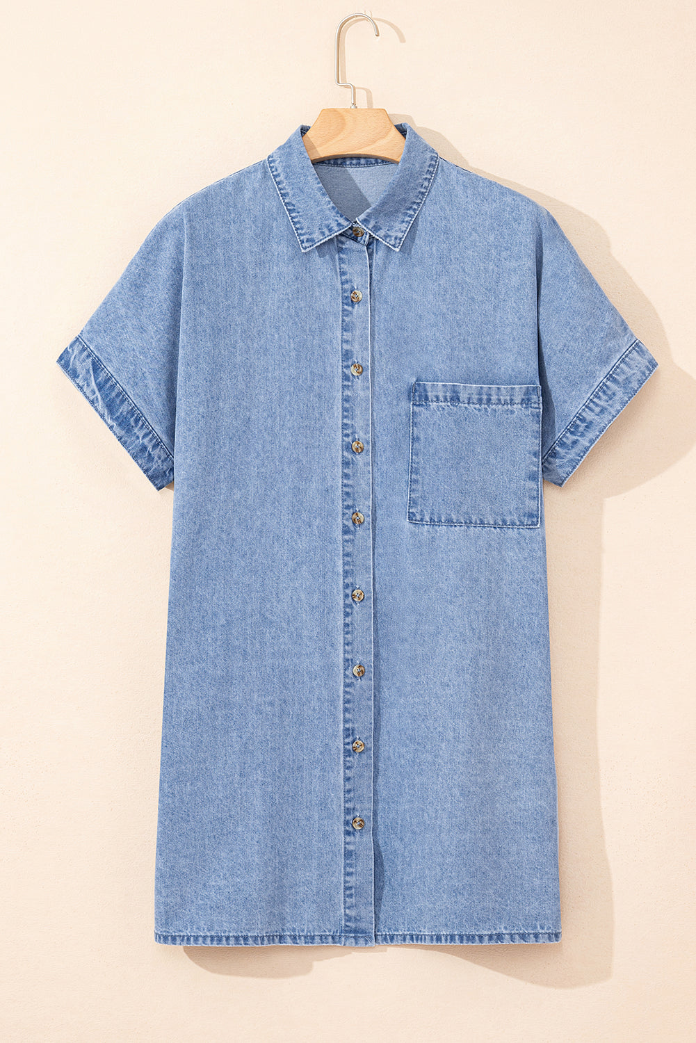 Dusk Blue Short Sleeve Pocketed Button up Denim Tunic Dress