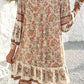 Apricot Floral Print Tassel Drawstring V Neck Loose Mini Dress