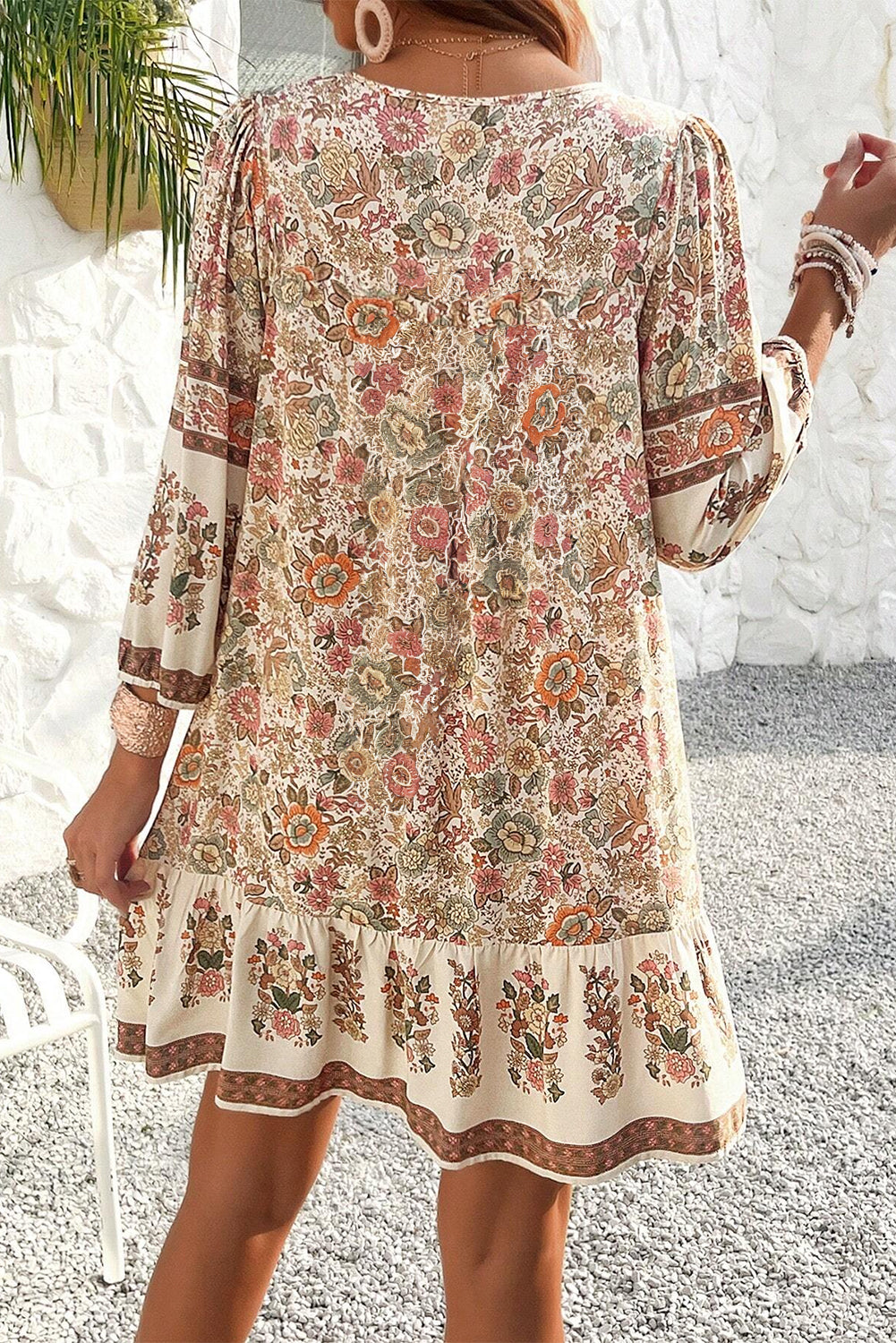 Apricot Floral Print Tassel Drawstring V Neck Loose Mini Dress