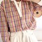 Pink Colorblock Plaid Patchwork Henley Blouse