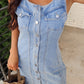 Beau Blue Light Wash Denim Buttoned Front Chest Pockets Sleeveless Slim Mini Dress