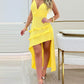 Plunge V Neck Spaghetti Strap Ruffles Dress Irregular A Line Flowy Midi Dress