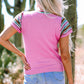 Bright Pink Contrast Printed Cap Sleeves Crewneck Sweater