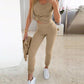 3PCS/Set Ribbed Tank Top & Skinny Pants With Skew Neck Drawstring Hem Top