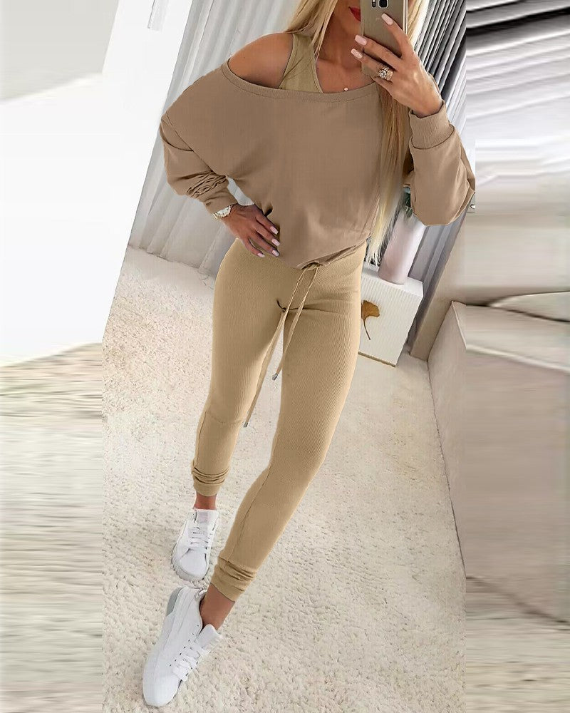 3 Piece Ribbed Tank Top and Crewneck Long Sleeve Tops High Waist Pants Tracksuit