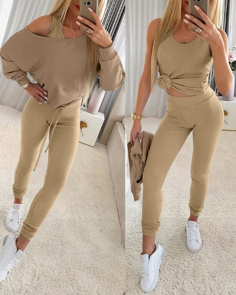 3 Piece Ribbed Tank Top and Crewneck Long Sleeve Tops High Waist Pants Tracksuit