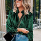 Blackish Green Frilled Neck Buttoned Front Velvet Top