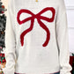 White Bow Pattern Contrast Trim Christmas Loose Graphic Sweater