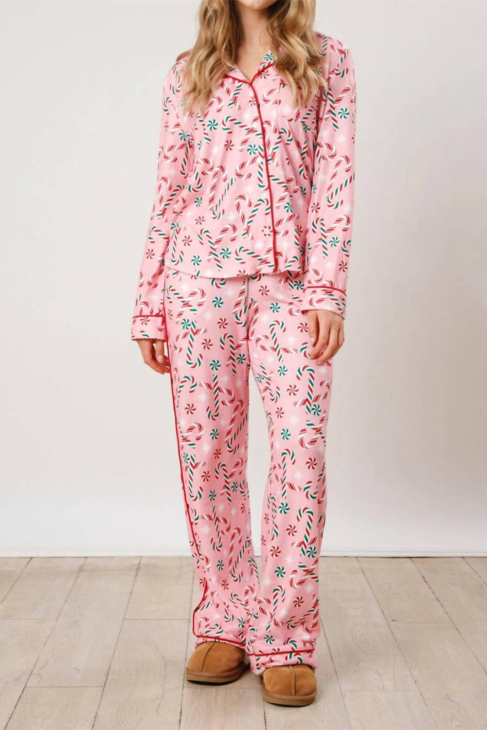 Pink Christmas Candy Cane Print Lapel Collar Shirt and Pants Two Piece Pajamas Set