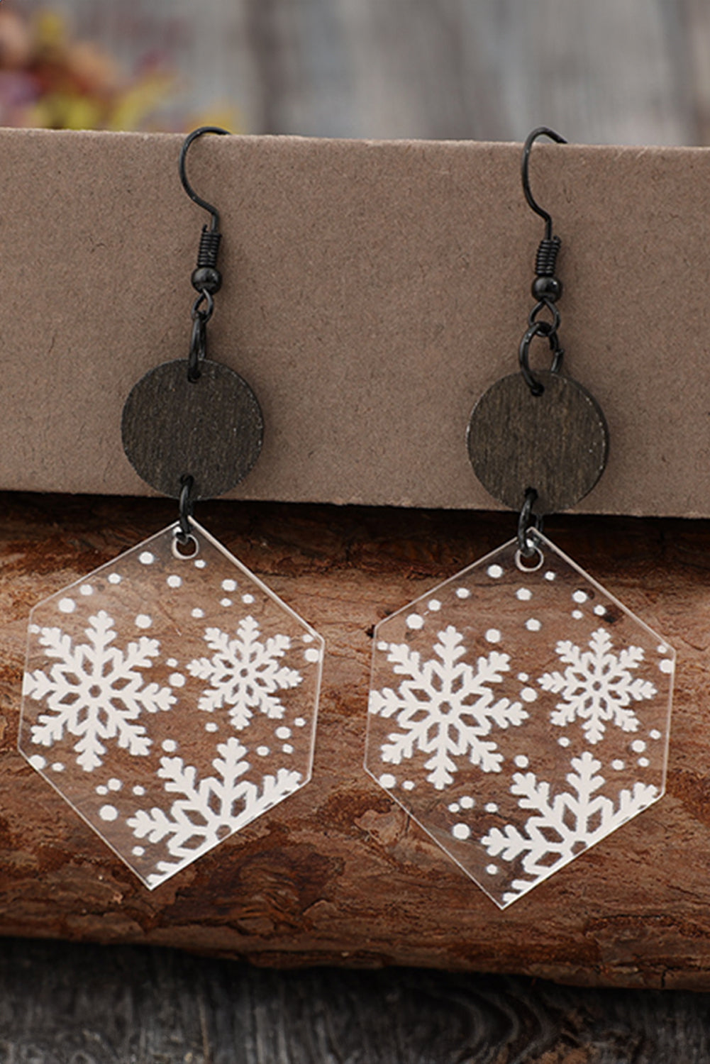 White Snowflake Print Hexagon Acrylic Dangle Earrings