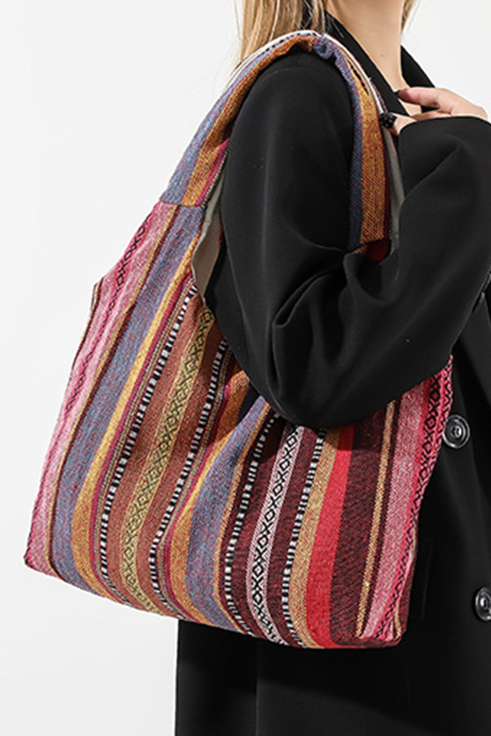 Fiery Red Multiple Ethnic Stripes Print Canvas Tote Bag