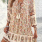 Apricot Floral Print Tassel Drawstring V Neck Loose Mini Dress