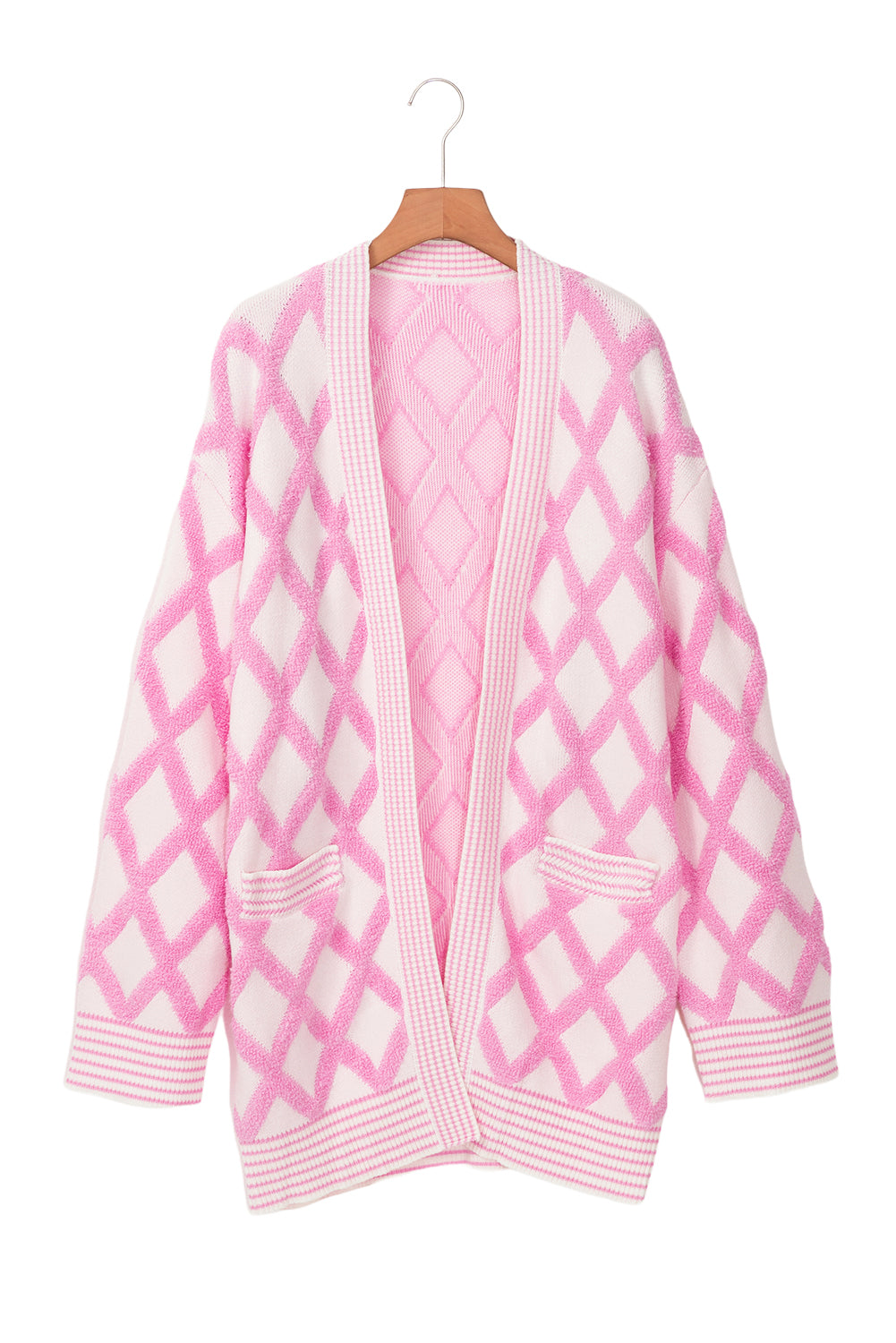 Pink Rhombus Pattern Knit Open Front Pocketed Cardigans