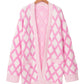 Pink Rhombus Pattern Knit Open Front Pocketed Cardigans