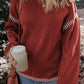 Red Dahlia Color Contrast Trim Drop Shoulder Crew Neck Sweater