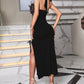 Sequin Bowknot Decor Halterneck High Slit Side Drawstring Bodycon Dress