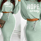 2 Pieces Outfits Letter Print Round Neck Long Sleeve Crop Top and Colorblock Print Drawstring Bodycon Skirt Set