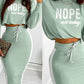 2 Pieces Outfits Letter Print Round Neck Long Sleeve Crop Top and Colorblock Print Drawstring Bodycon Skirt Set