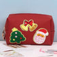 Fiery Red Christmas Pattern Chenille Patched PU Zipper Makeup Bag